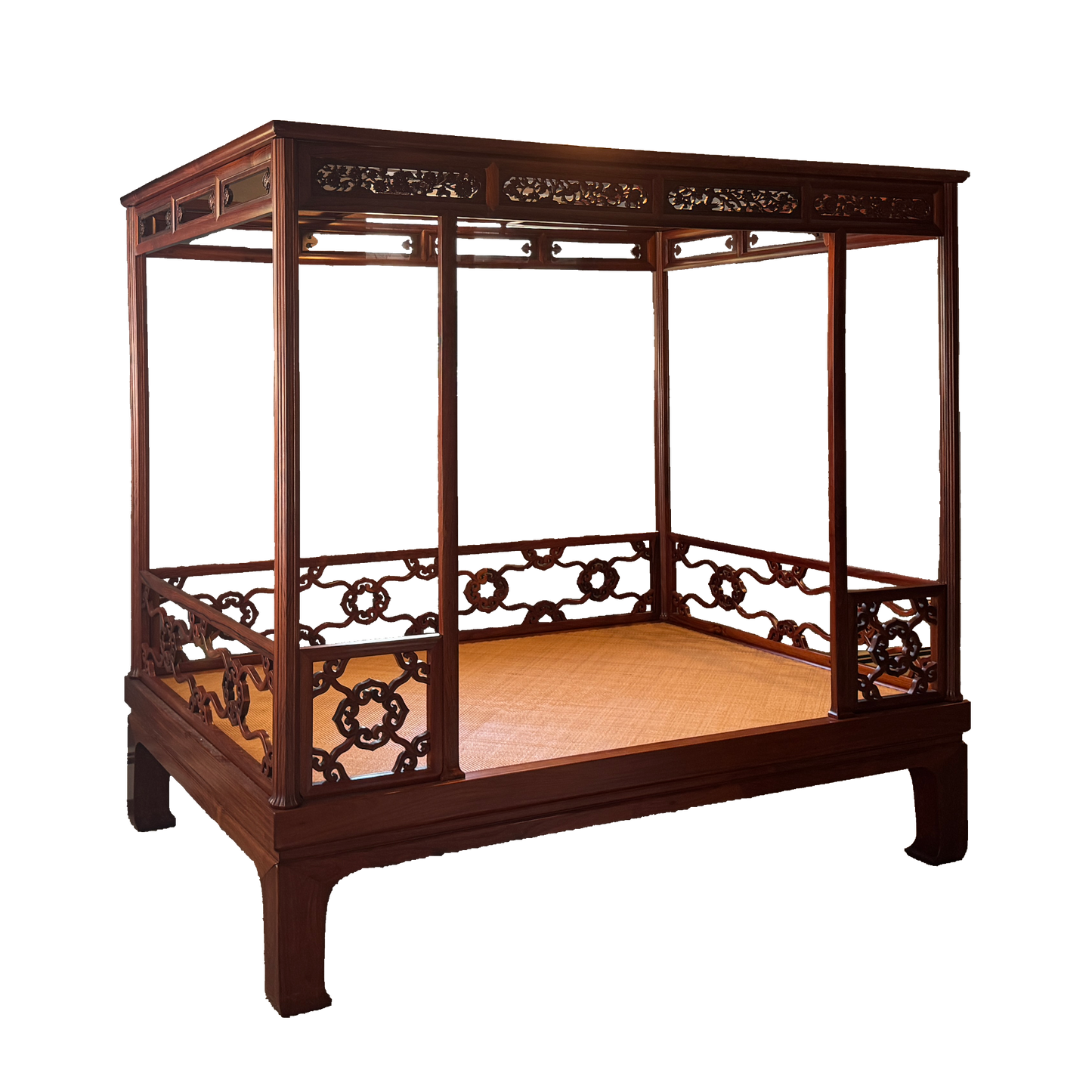 Ming-Style Six-Post Canopy Bed with Begonia-Pattern Railings